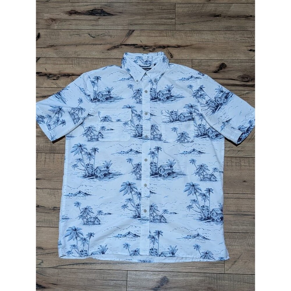 Chaps Hawaiian Island Print Button-Down Shirt Men's L White Blue Polyester